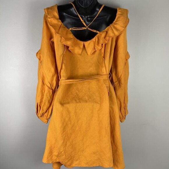 Revolve Marissa Webb Belted Dress Linen Sz 4 Colorful Orange Flirty Coquette - Picture 7 of 9